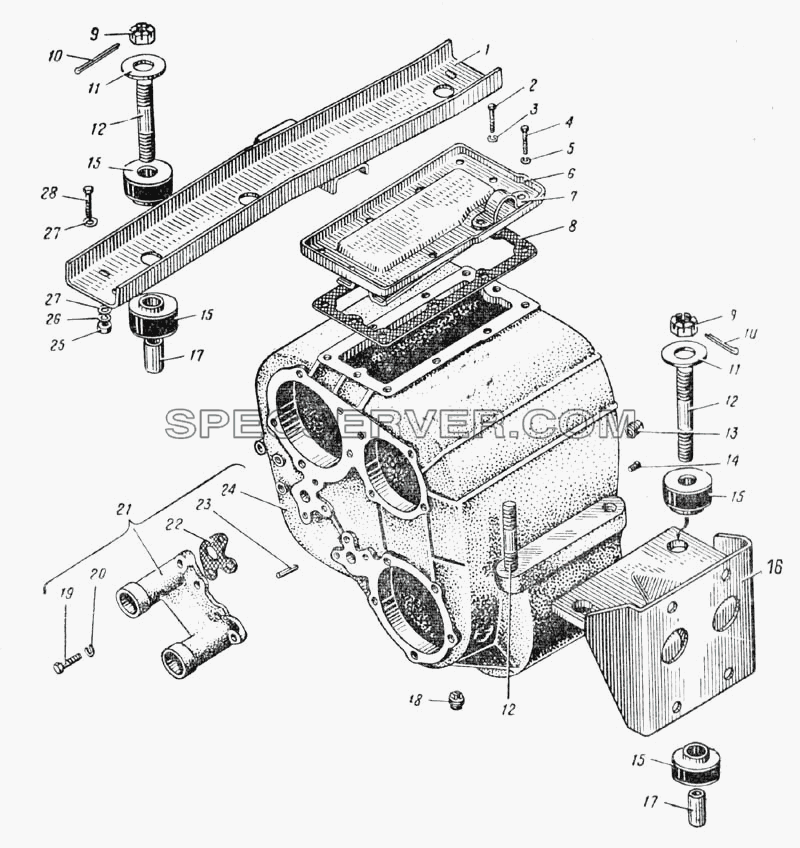 Картер и подвеска раздаточной коробки (Рис. 44) для Урал-375 (список запасных частей)