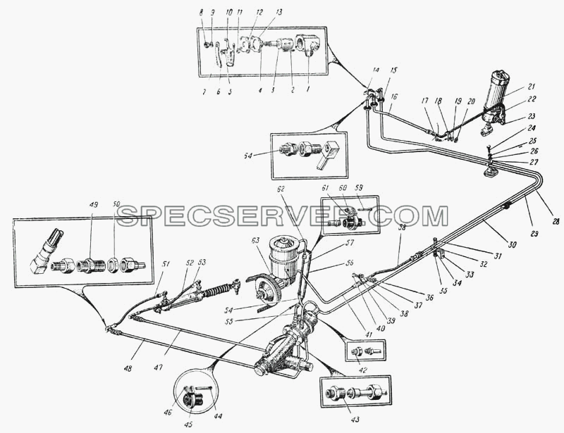 Схема системы рулевого управления (Рис. 89) для Урал-375 (список запасных частей)