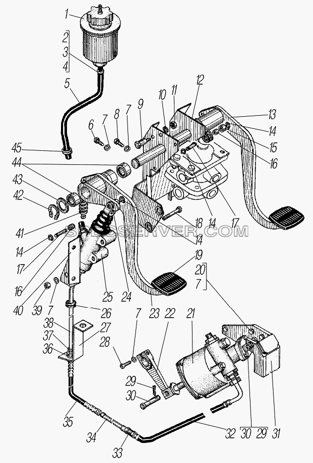 Привод педалей сцепления и тормоза для Урал-4320-1951-58 (список запасных частей)