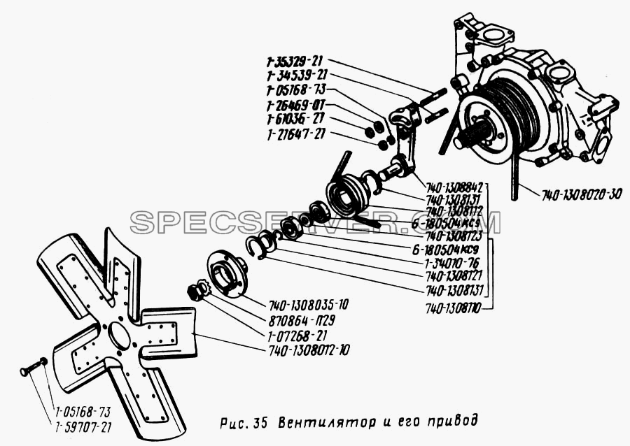 Вентилятор и его привод для Урал-43202 (список запасных частей)