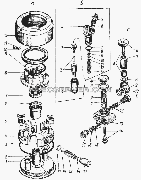 Муфта опережения впрыска (а), форсунка (б), насос ручной подкачки топлива для Урал-4320 (список запасных частей)