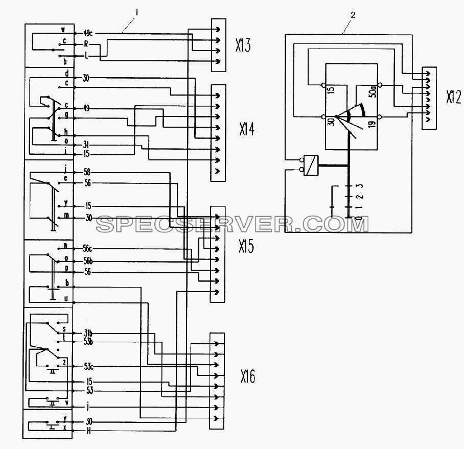 Схема электрическая приборов, расположенных на рулевой колонке для Урал-532301 (список запасных частей)