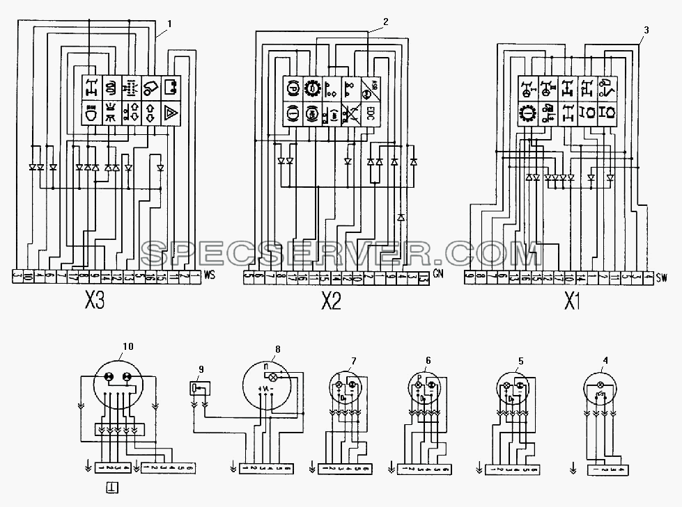 Схема электрическая панели приборов для Урал-532301 (список запасных частей)