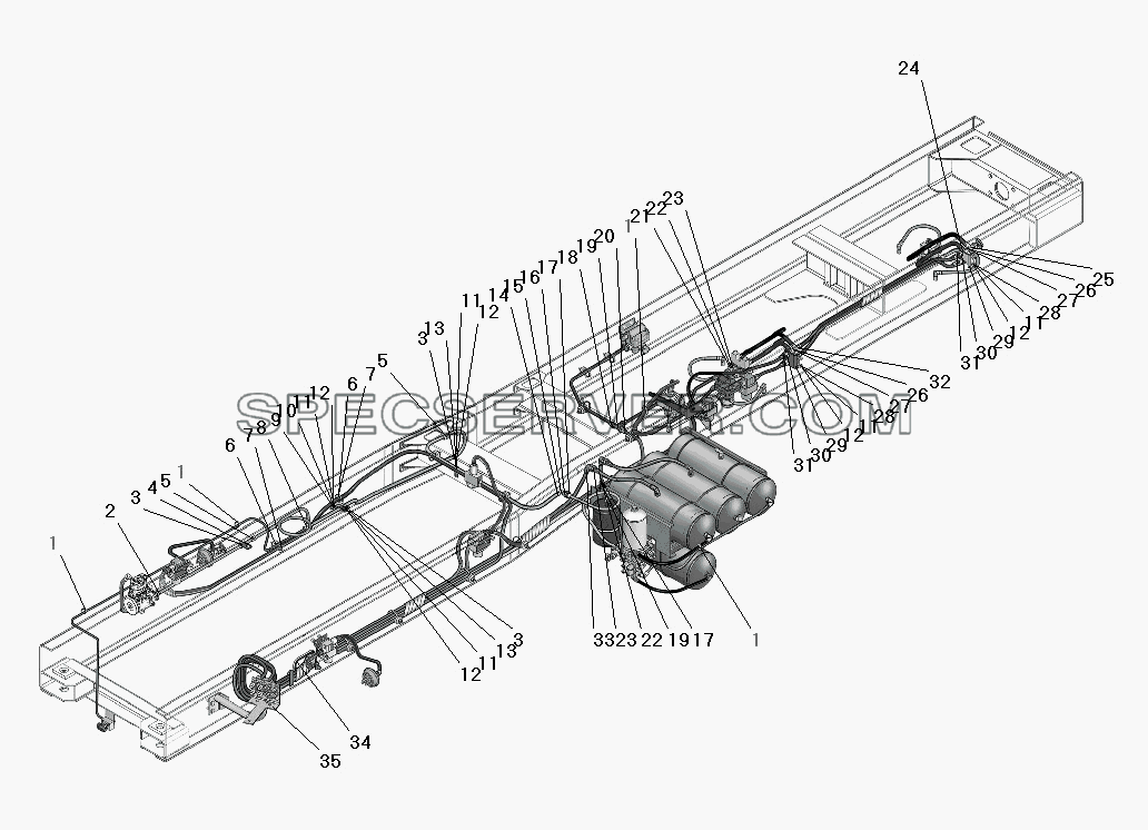 Крепление трубопроводов и шлангов привода рабочих тормозов для Урал-63685 (список запасных частей)