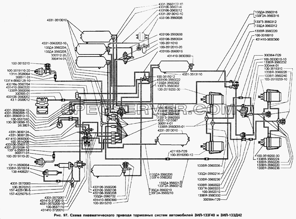 Схема пневматического привода тормозных систем автомобилей ЗИЛ-133Г40 и ЗИЛ-133Д42 для ЗИЛ-133Д42 (список запасных частей)