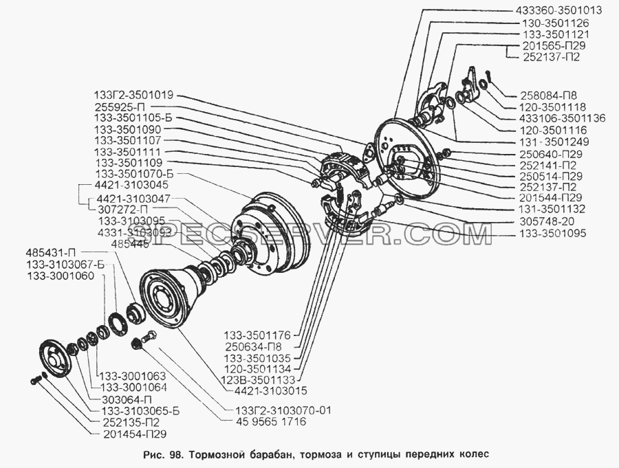 Тормозной барабан, тормоза и ступицы передних колес для ЗИЛ-133Д42 (список запасных частей)