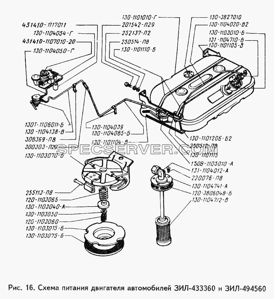 Схема питания двигателя автомобилей ЗИЛ-433360 и ЗИЛ-494560 для ЗИЛ 433360 (список запасных частей)