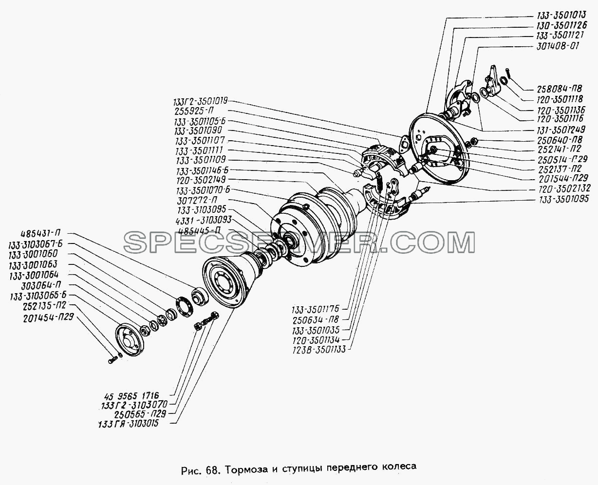 Тормоза и ступицы переднего колеса для ЗИЛ 433360 (список запасных частей)