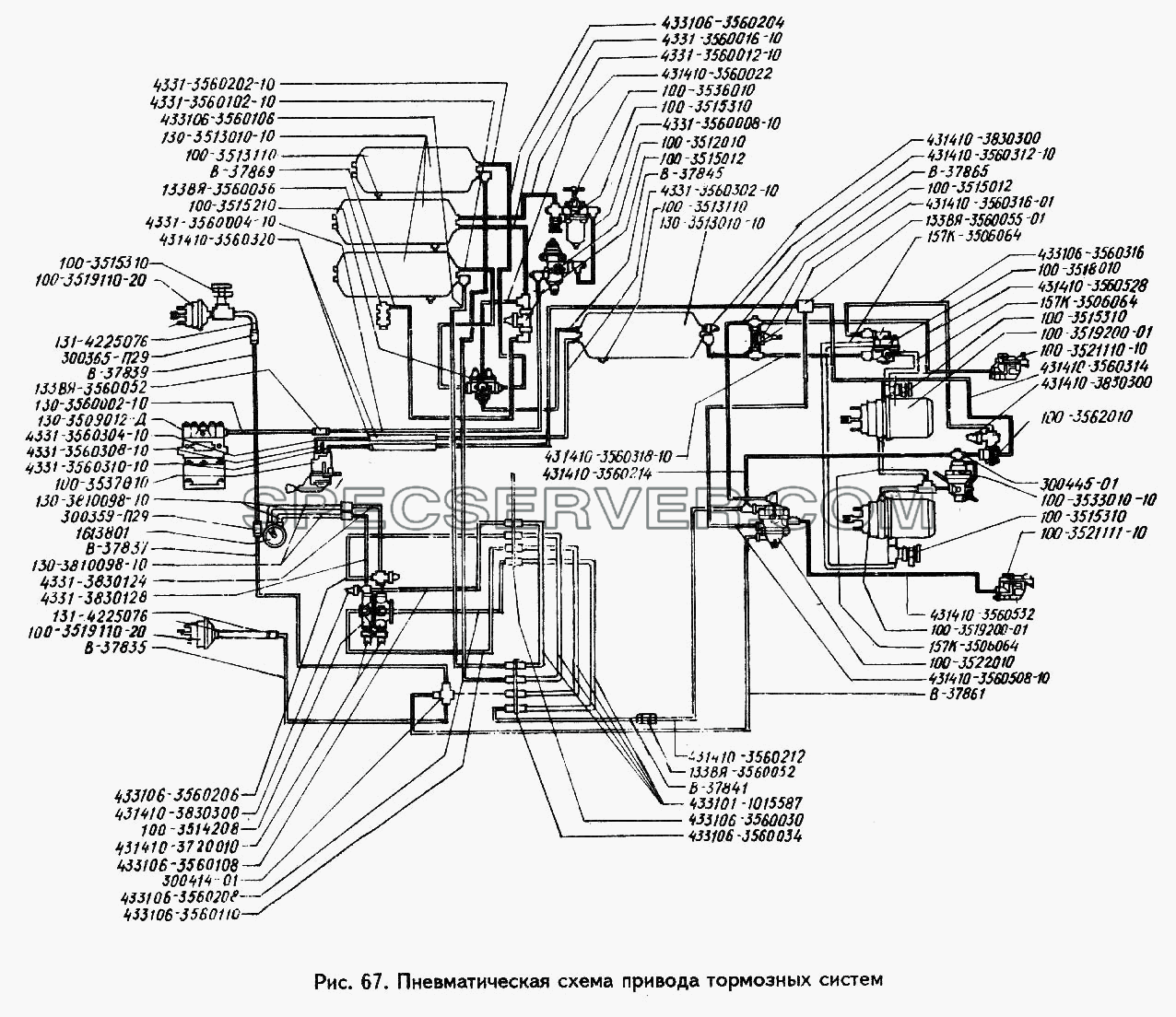 Пневматическая схема привода тормозных систем для ЗИЛ 442160 (список запасных частей)
