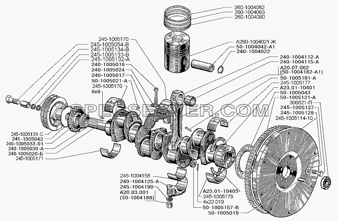 Поршень, шатун, коленчатый вал и маховик двигателя Д-245.9Е2 для ЗИЛ-5301 (2006) (список запасных частей)