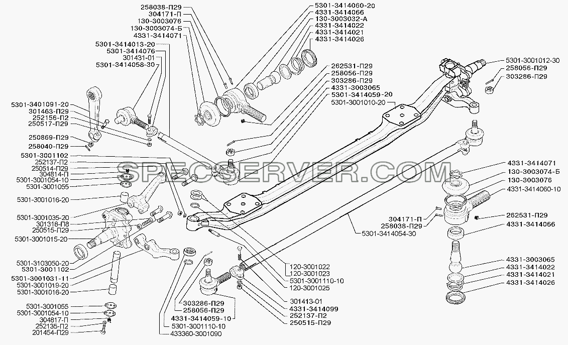 Усиленная передняя ось и рулевые тяги (вариант 2) для ЗИЛ-5301 (2006) (список запасных частей)
