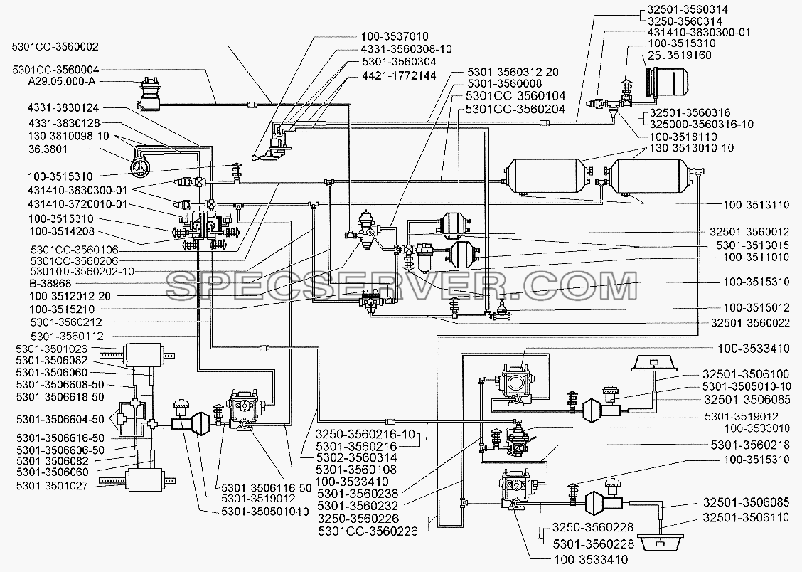 Схема тормозного привода автобусов и автомобилей с АБС для ЗИЛ-5301 (2006) (список запасных частей)