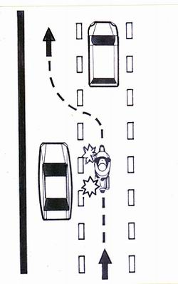  Поворотник помогает общаться с соседями по потоку. В данном 
  случае мотоциклист заранее предупреждает водителя передней машины, что он идет 
  на обгон. Если водитель пользуется зеркалами, он сможет сделать правильные выводы 
  и подождать с перестроением в левый ряд. Всегда используйте поворотники и выключайте 
  их всякий раз, когда смотрите в зеркала - каждые пять секунд. 