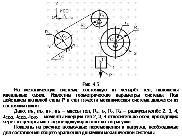 Подпись:  

Рис. 4.5
На механическую систему, состоящую из четырёх тел, наложены идеаль-ные связи. Известны геометрические параметры системы. Под действием ак-тивной силы Р и сил тяжести механическая система движется из состояния по-коя.
Дано: m1, m2, m3, m4 – массы тел; R2, r2, R3, R4 – радиусы колёс 2, 3, 4;  JС2Х2, JС3Х3, JC4X4 – моменты инерции тел 2, 3, 4 относительно осей, проходящих через их центры масс перпендикулярно плоскости рисунка.
Показать на рисунке возможные перемещения и нагрузки, необходимые для составления общего уравнения динамики механической системы.
