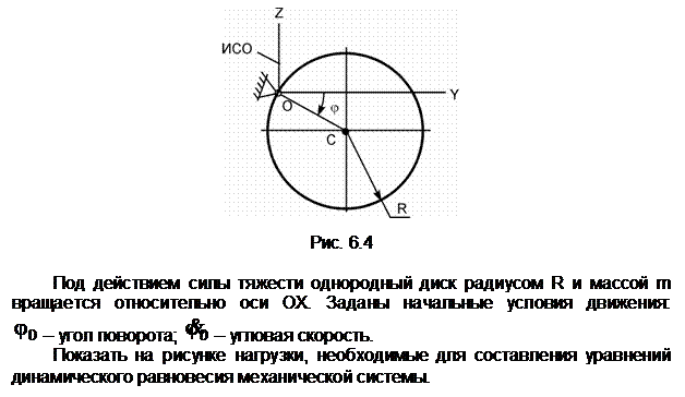 Подпись:  

Рис. 6.4

Под действием силы тяжести однородный диск радиусом R и массой m вращается относительно оси OХ. Заданы начальные условия движения:             – угол поворота;   – угловая скорость.
Показать на рисунке нагрузки, необходимые для составления уравнений динамического равновесия механической системы.

