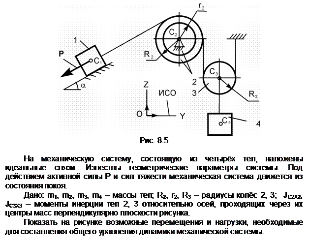 Подпись:  
Рис. 8.5

На механическую систему, состоящую из четырёх тел, наложены идеаль-ные связи. Известны геометрические параметры системы. Под действием ак-тивной силы Р и сил тяжести механическая система движется из состояния по-коя.
Дано: m1, m2, m3, m4 – массы тел; R2, r2, R3 – радиусы колёс 2, 3;  JС2Х2, JС3Х3 – моменты инерции тел 2, 3 относительно осей, проходящих через их цен-тры масс перпендикулярно плоскости рисунка.
Показать на рисунке возможные перемещения и нагрузки, необходимые для составления общего уравнения динамики механической системы.
