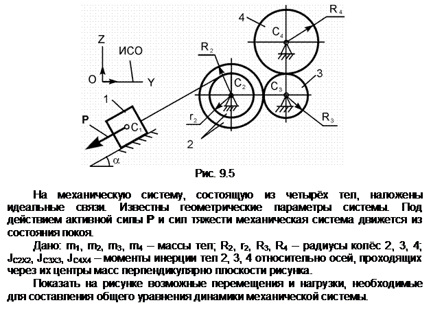 Подпись:  
Рис. 9.5

На механическую систему, состоящую из четырёх тел, наложены идеаль-ные связи. Известны геометрические параметры системы. Под действием ак-тивной силы Р и сил тяжести механическая система движется из состояния по-коя.
Дано: m1, m2, m3, m4 – массы тел; R2, r2, R3, R4 – радиусы колёс 2, 3, 4;  JС2Х2, JС3Х3, JC4X4 – моменты инерции тел 2, 3, 4 относительно осей, проходящих через их центры масс перпендикулярно плоскости рисунка.
Показать на рисунке возможные перемещения и нагрузки, необходимые для составления общего уравнения динамики механической системы.
