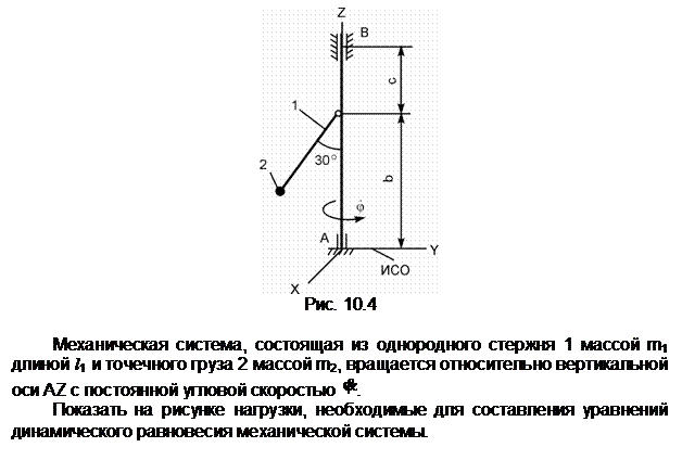 Подпись:  
Рис. 10.4

Механическая система, состоящая из однородного стержня 1 массой m1 длиной l1 и точечного груза 2 массой m2, вращается относительно вертикальной оси АZ с постоянной угловой скоростью  .
Показать на рисунке нагрузки, необходимые для составления уравнений динамического равновесия механической системы.
