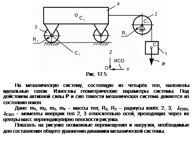 Подпись:  
Рис. 17.5

На механическую систему, состоящую из четырёх тел, наложены идеаль-ные связи. Известны геометрические параметры системы. Под действием ак-тивной силы Р и сил тяжести механическая система движется из состояния по-коя.
Дано: m1, m2, m3, m4 – массы тел; R2, R3 – радиусы колёс 2, 3;  JС2Х2,      JС3Х3 – моменты инерции тел 2, 3 относительно осей, проходящих через их цен-тры масс перпендикулярно плоскости рисунка.
Показать на рисунке возможные перемещения и нагрузки, необходимые для составления общего уравнения динамики механической системы.
