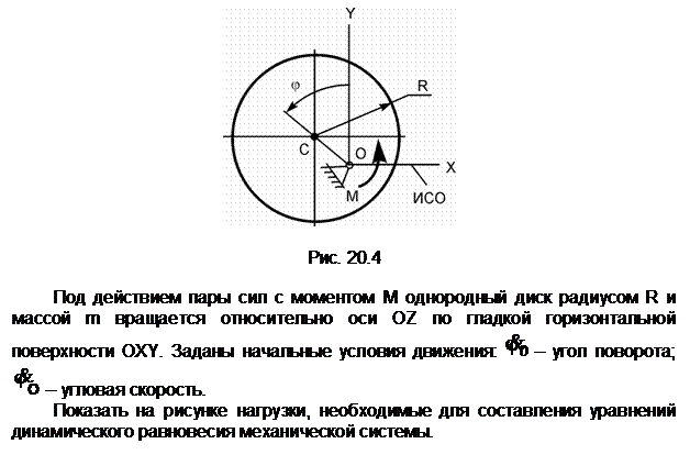 Подпись:  

Рис. 20.4

Под действием пары сил с моментом М однородный диск радиусом R и массой m вращается относительно оси OZ по гладкой горизонтальной поверх-ности OXY. Заданы начальные условия движения:   – угол поворота;            – угловая скорость.
Показать на рисунке нагрузки, необходимые для составления уравнений динамического равновесия механической системы.

