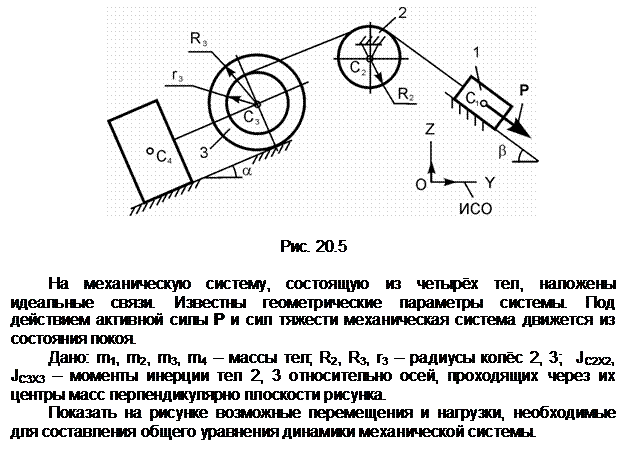 Подпись:  

Рис. 20.5

На механическую систему, состоящую из четырёх тел, наложены идеаль-ные связи. Известны геометрические параметры системы. Под действием ак-тивной силы Р и сил тяжести механическая система движется из состояния по-коя.
Дано: m1, m2, m3, m4 – массы тел; R2, R3, r3 – радиусы колёс 2, 3;  JС2Х2, JС3Х3 – моменты инерции тел 2, 3 относительно осей, проходящих через их цен-тры масс перпендикулярно плоскости рисунка.
Показать на рисунке возможные перемещения и нагрузки, необходимые для составления общего уравнения динамики механической системы.
