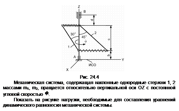 Подпись:  

Рис. 24.4
Механическая система, содержащая наклонные однородные стержни 1, 2 массами m1, m2, вращается относительно вертикальной оси OZ с постоянной угловой скоростью  .
Показать на рисунке нагрузки, необходимые для составления уравнений динамического равновесия механической системы.
