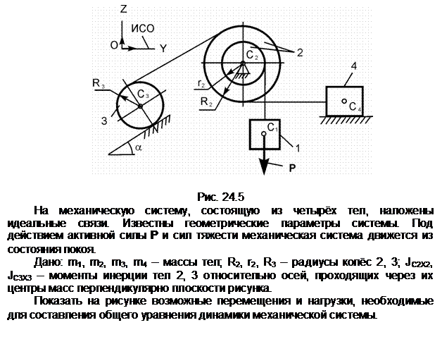 Подпись:  

Рис. 24.5
На механическую систему, состоящую из четырёх тел, наложены идеаль-ные связи. Известны геометрические параметры системы. Под действием ак-тивной силы Р и сил тяжести механическая система движется из состояния по-коя.
Дано: m1, m2, m3, m4 – массы тел; R2, r2, R3 – радиусы колёс 2, 3; JС2Х2,  JС3Х3 – моменты инерции тел 2, 3 относительно осей, проходящих через их цен-тры масс перпендикулярно плоскости рисунка.
Показать на рисунке возможные перемещения и нагрузки, необходимые для составления общего уравнения динамики механической системы.
