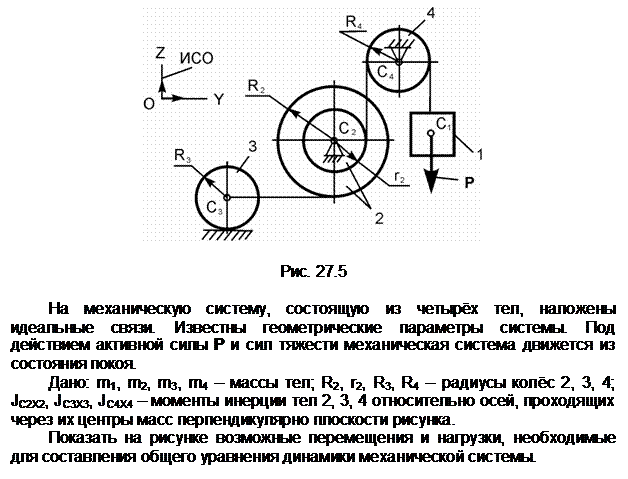 Подпись:  

Рис. 27.5

На механическую систему, состоящую из четырёх тел, наложены идеаль-ные связи. Известны геометрические параметры системы. Под действием ак-тивной силы Р и сил тяжести механическая система движется из состояния по-коя.
Дано: m1, m2, m3, m4 – массы тел; R2, r2, R3, R4 – радиусы колёс 2, 3, 4; JС2Х2, JС3Х3, JC4X4 – моменты инерции тел 2, 3, 4 относительно осей, проходящих через их центры масс перпендикулярно плоскости рисунка.
Показать на рисунке возможные перемещения и нагрузки, необходимые для составления общего уравнения динамики механической системы.
