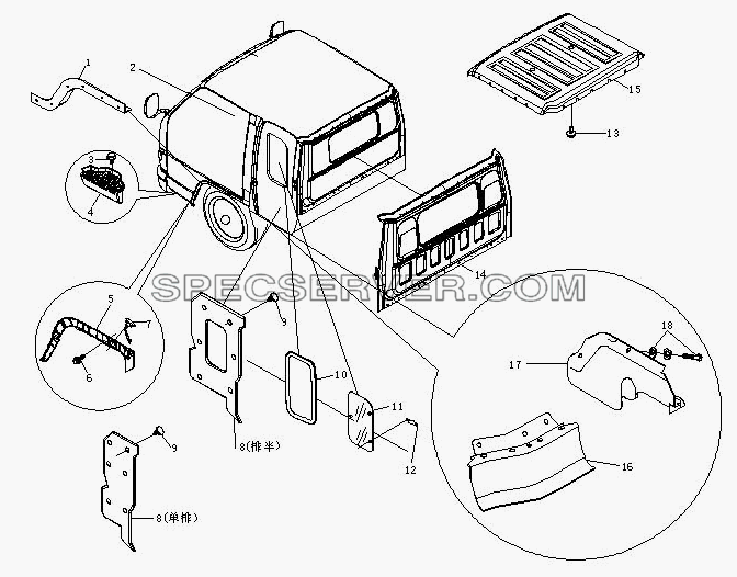 Крыша, задняя панель, боковины кабины для BJ 1044/1065 (список запасных частей)