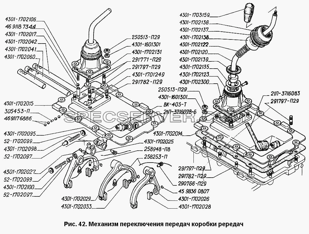 Механизм переключения передач коробки передач для ГАЗА-3306 (список запасных частей)