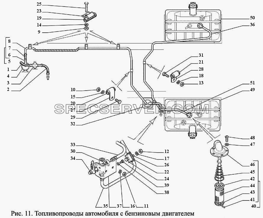 Топливопроводы автомобиля с бензиновым двигателем для ГАЗ-3308 (список запасных частей)