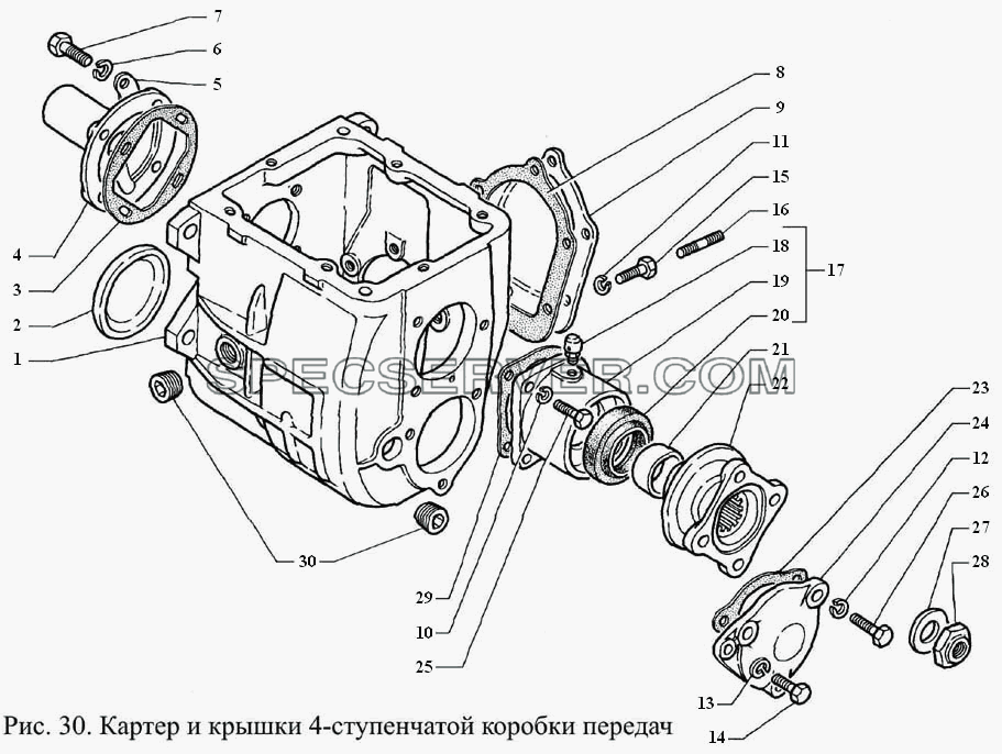 Картер и крышки 4-ступенчатой коробки передач для ГАЗ-3308 (список запасных частей)