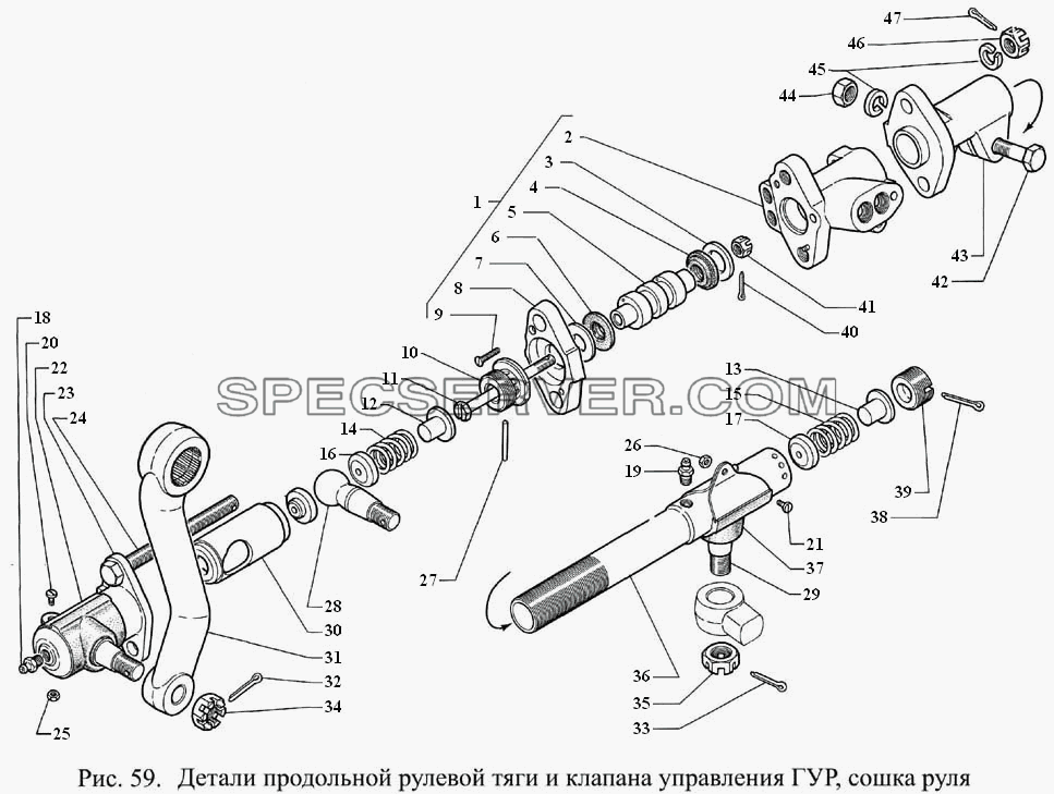Детали продольной рулевой тяги и клапана управления ГУР, сошка руля для ГАЗ-3308 (список запасных частей)