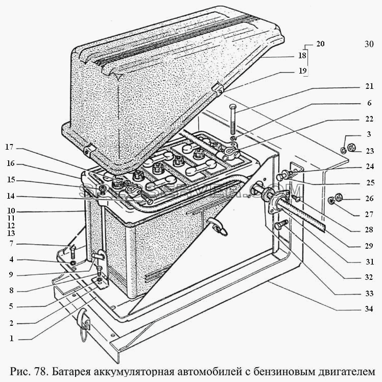 Батарея аккумуляторная для автомобилей с бензиновым двигателем для ГАЗ-3308 (список запасных частей)
