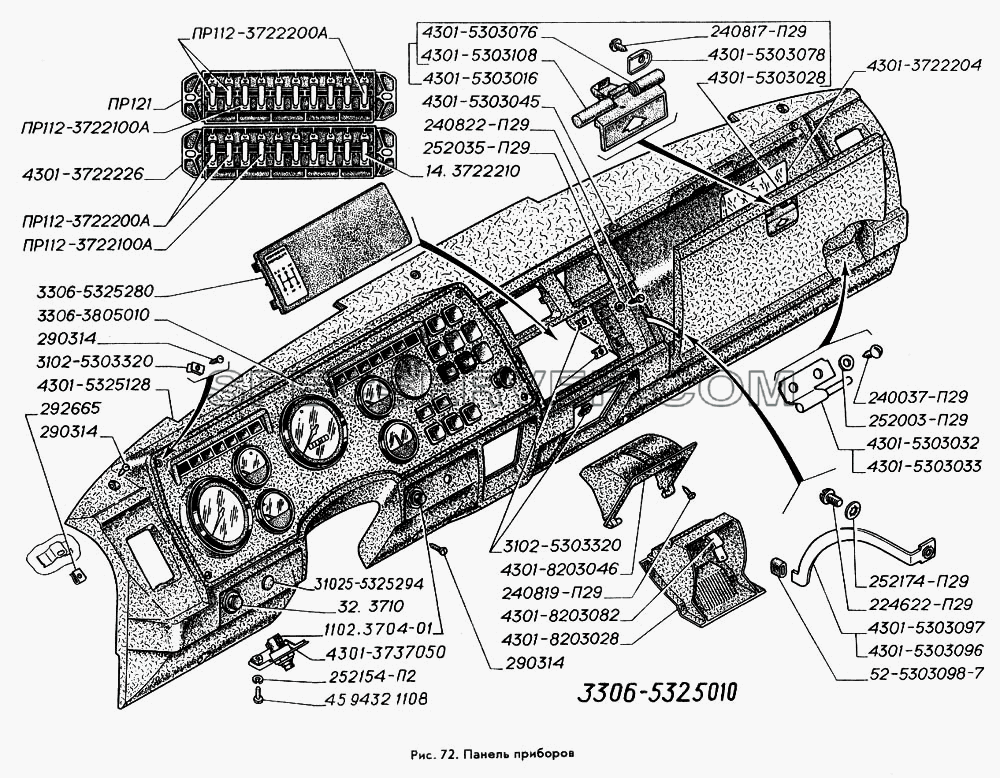 Панель приборов для ГАЗ-3309 (список запасных частей)