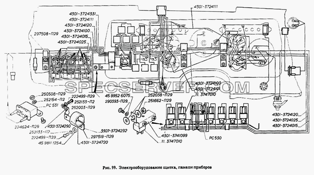Электрооборудование щитка, панели приборов для ГАЗ-4301 (список запасных частей)