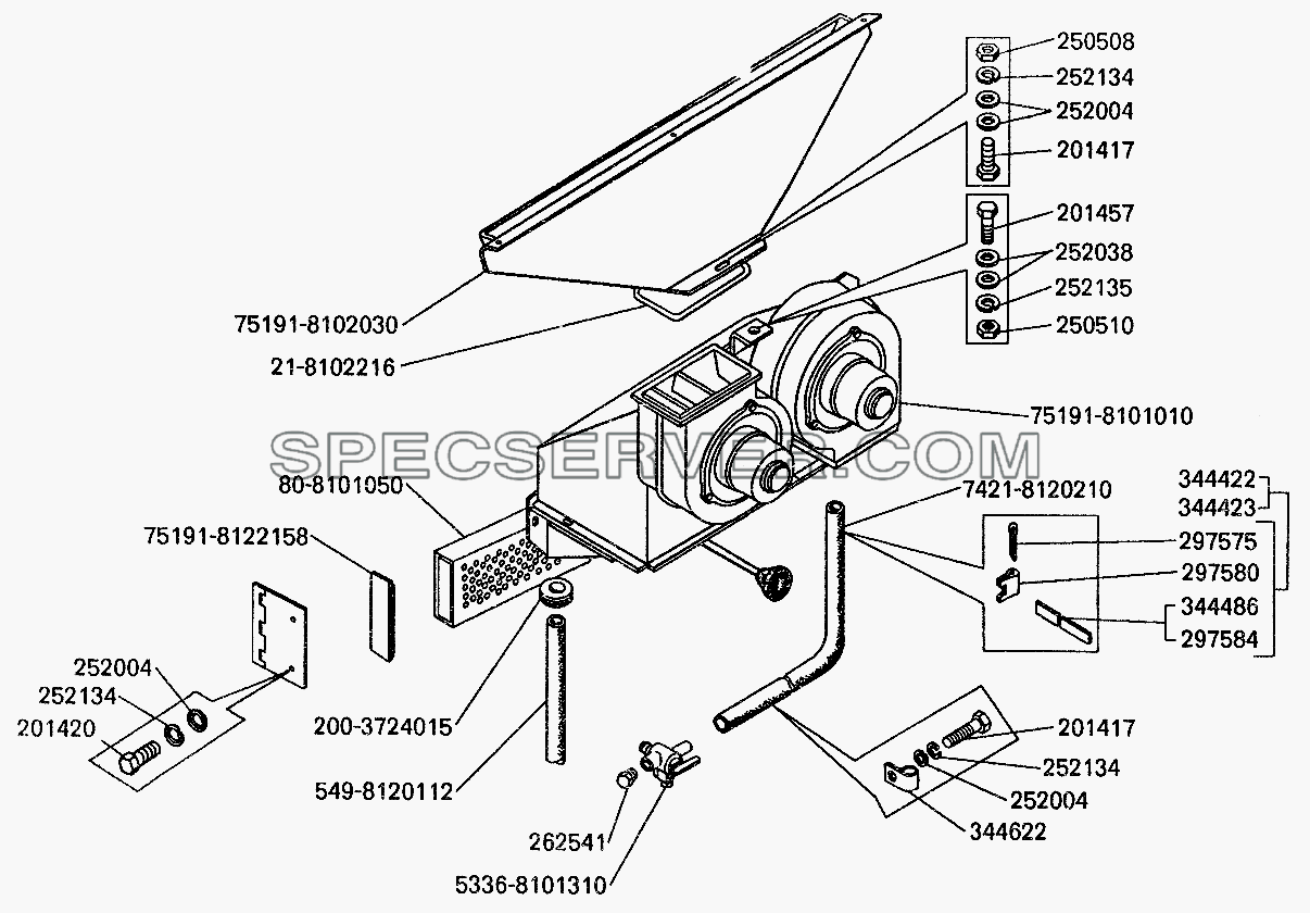 Отопитель кабины и его установка для БелАЗ-7549 (список запасных частей)