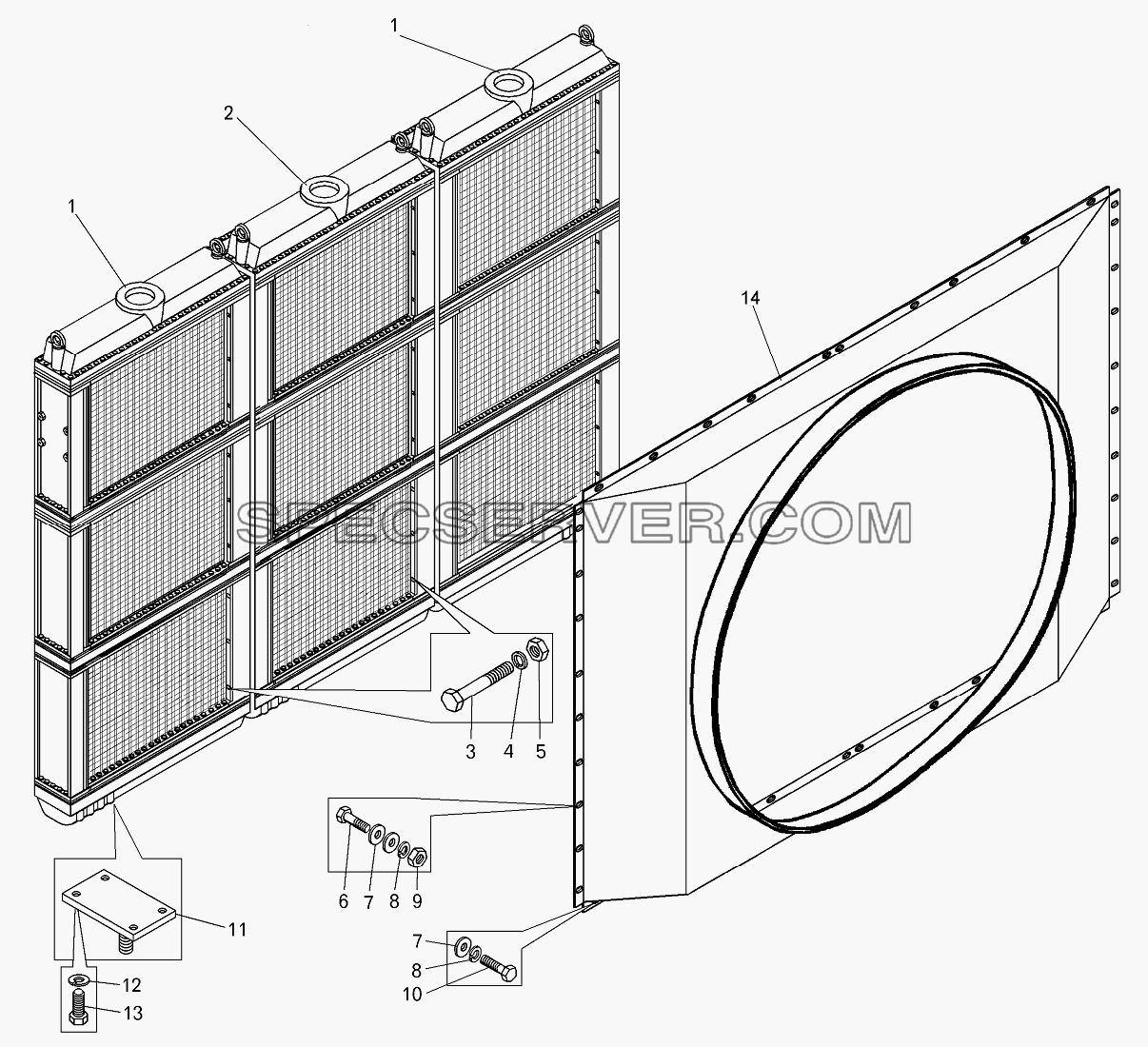 Блок радиаторов 75600-1300008 с кожухом вентилятора для БелАЗ-75600 (список запасных частей)
