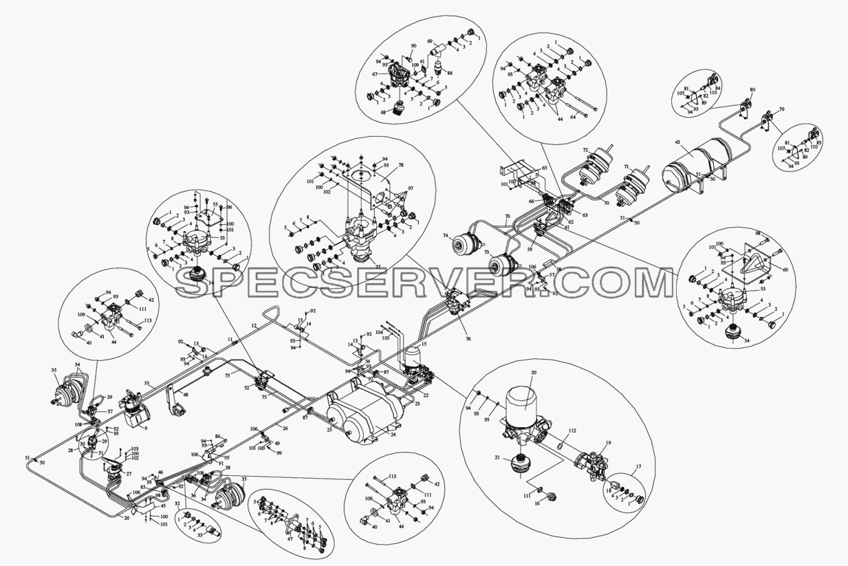 Схема тормозной системы тягача для СА-3252 (список запасных частей)
