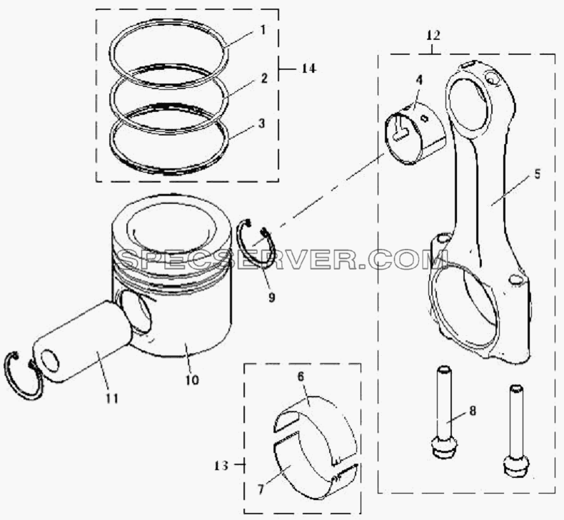 Поршень, шатун для СА-3312 (P2K2B2T4A2Z) (список запасных частей)