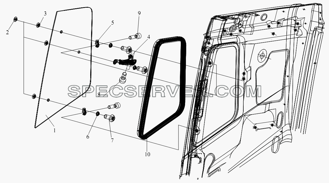 Стекло бокового окна типа открывания (правая сторона кабины со плоской крышей) для СА-4180 (P66K2A) (список запасных частей)