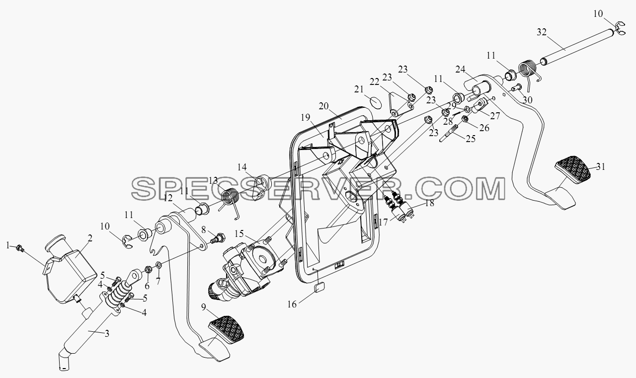 Тормозная педаль с тормозным клапаном и педаль сцепления с главным насосом сцепления в сборе для СА-4180 (P66K2A) (список запасных частей)