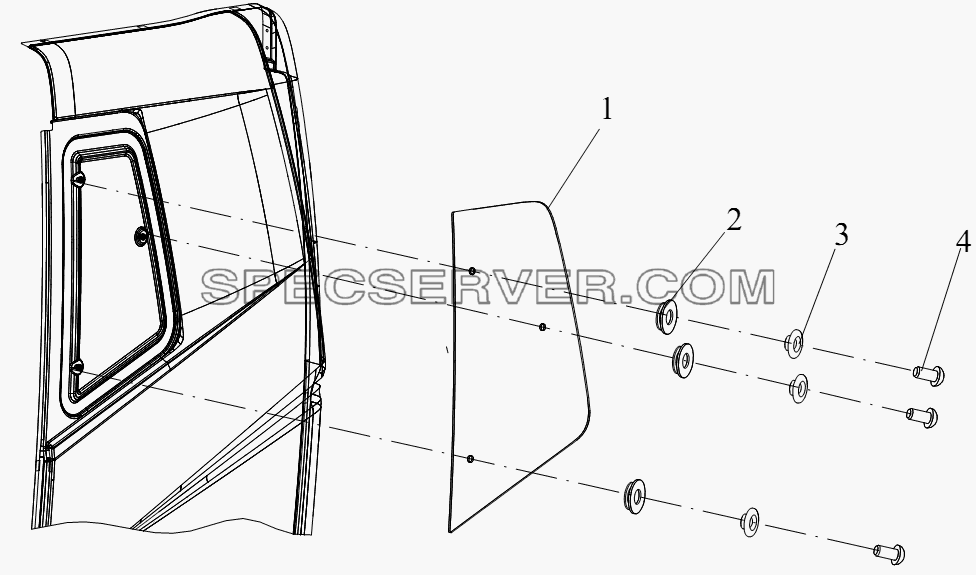 Стекло бокового окна (плоская крыша) для СА-4250 (P66K22T1A1EX) (список запасных частей)