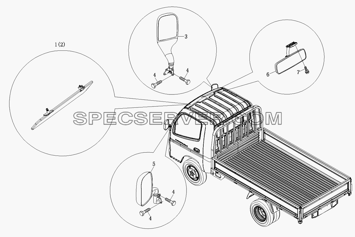 Зеркало заднего вида и солнцезащитный козырек для Foton-BJ1069 (список запасных частей)