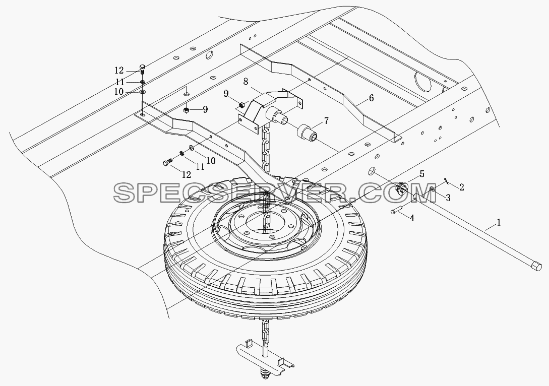 Подъемное устройство запасного колеса для Foton-BJ1069 (список запасных частей)