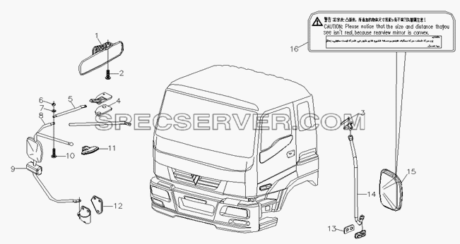 Зеркало заднего вида левое в сборе для Foton-BJ3251DLPJB (список запасных частей)
