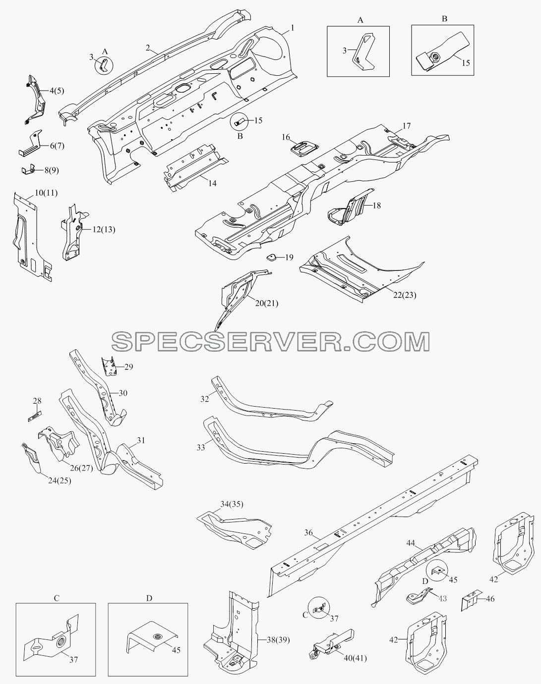 1SB1805000404 Корпус кузова (сварочный комплект пола) для BJ1041, BJ1069 (Ollin) (список запасных частей)