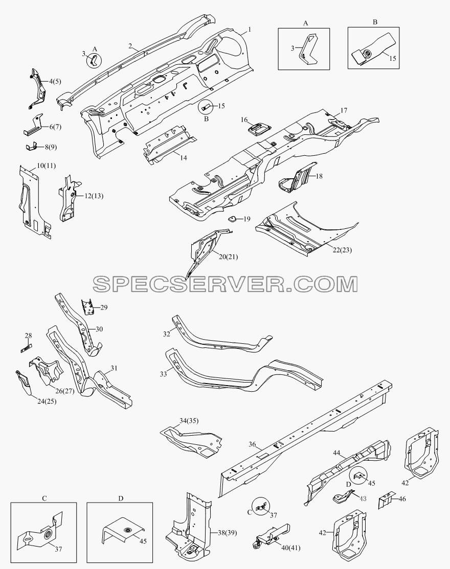 1SB2005000101 Корпус кузова (сварочный комплект пола) для BJ1041, BJ1069 (Ollin) (список запасных частей)