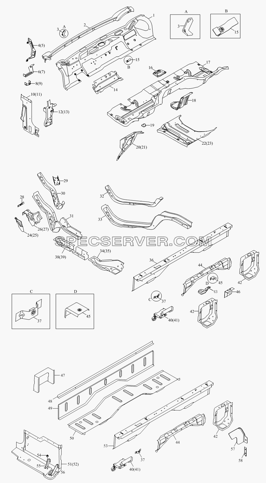 1SB2005000102 Корпус кузова (сварочный комплект пола для модели с полутора рядов) для BJ1041, BJ1069 (Ollin) (список запасных частей)