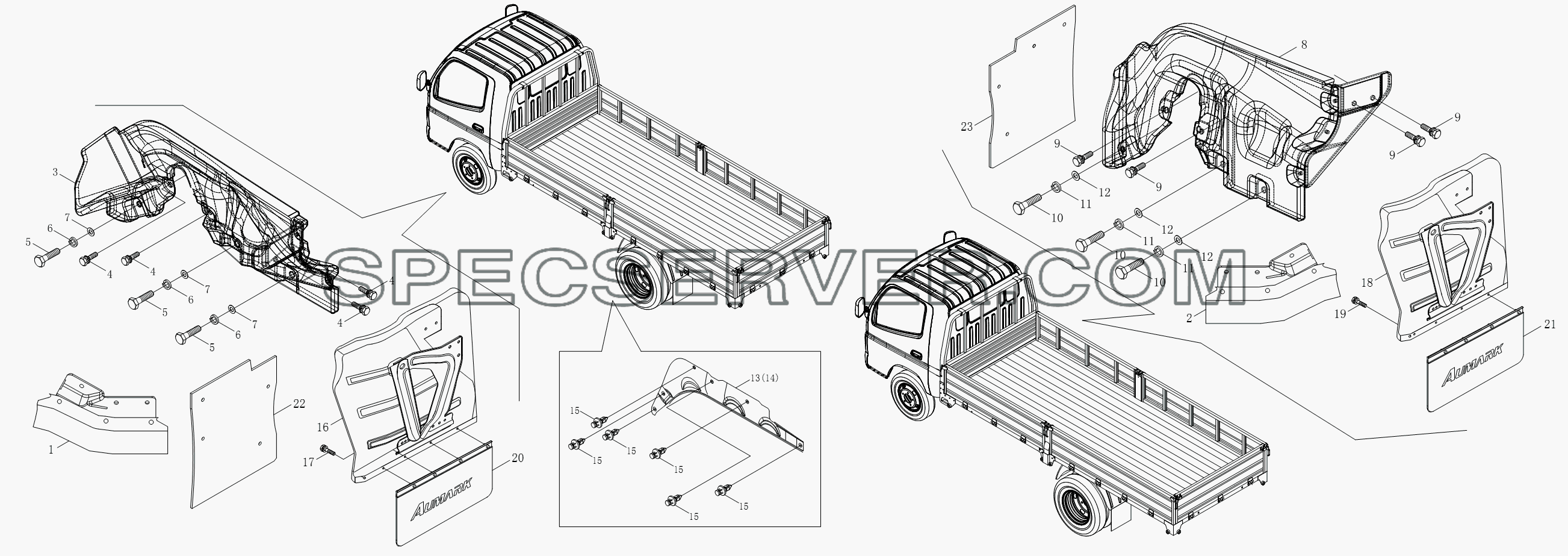 1SB2008430201 Брызговики кузова для BJ1051, BJ1061 (Aumark) (список запасных частей)
